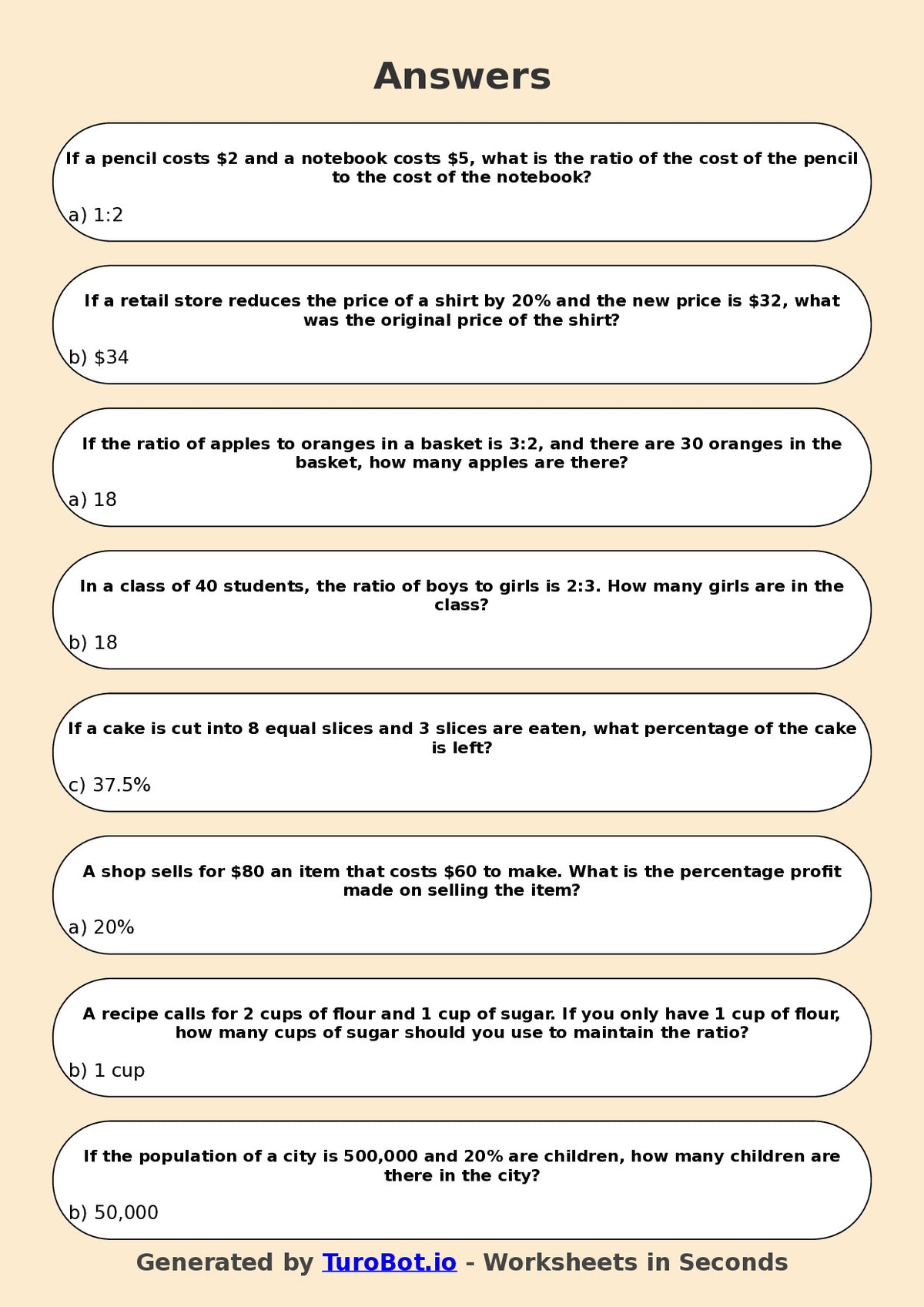 Year 7 Math Multiple Choice Worksheet – Ratios and Percentages Combined Problems
