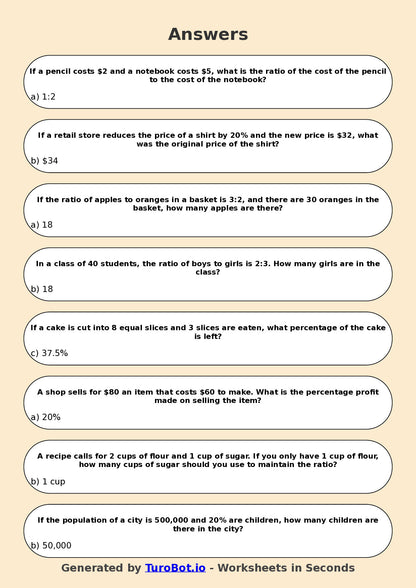Year 7 Math Multiple Choice Worksheet – Ratios and Percentages Combined Problems