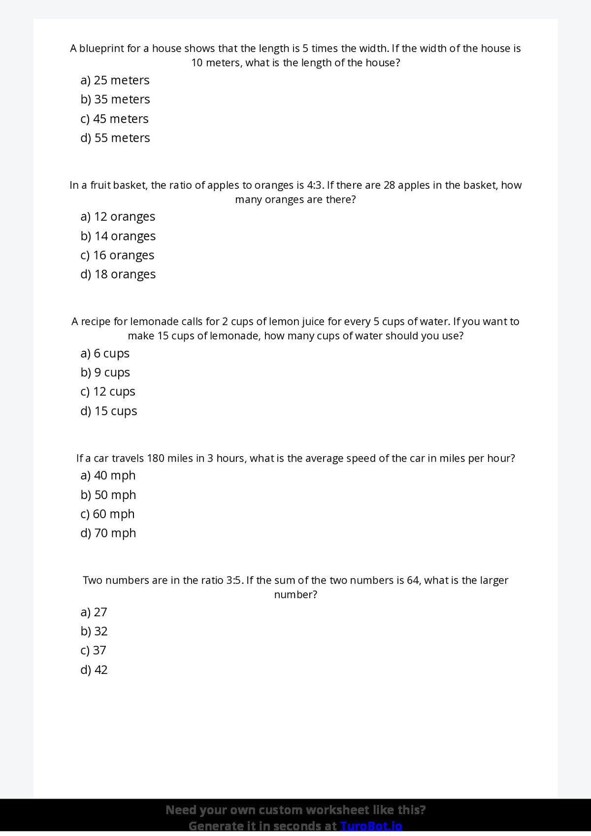Free Worksheet - Year 7 Mathematics Ratios and Proportions Multiple Choice