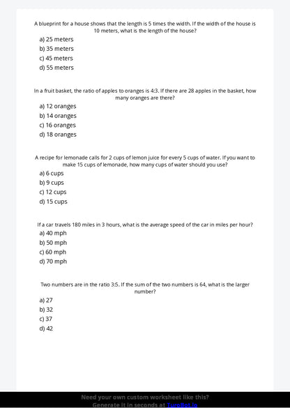 Free Worksheet - Year 7 Mathematics Ratios and Proportions Multiple Choice