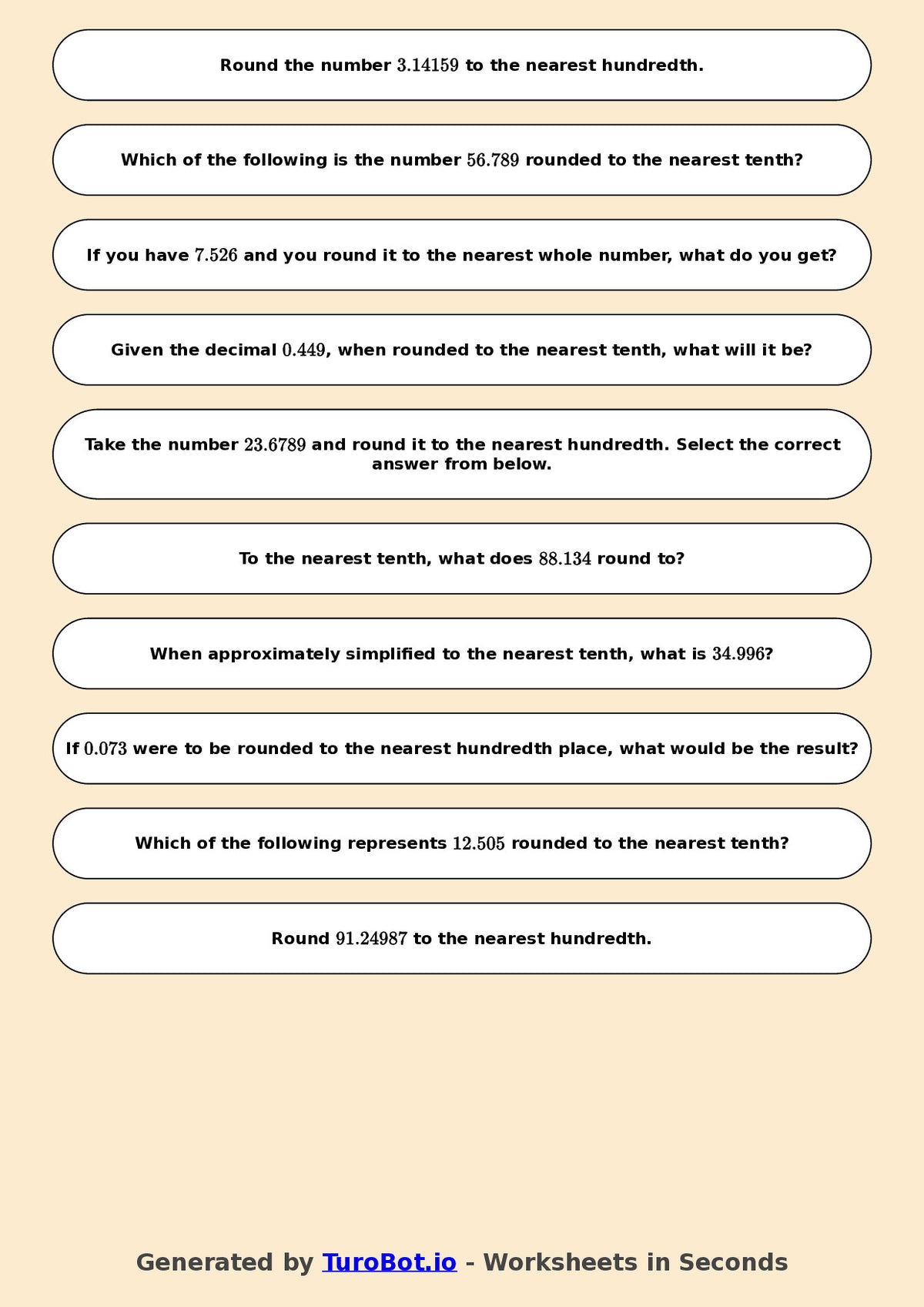 Year 7 Math Worksheet – Rounding Decimals