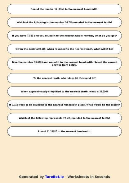 Year 7 Math Worksheet – Rounding Decimals