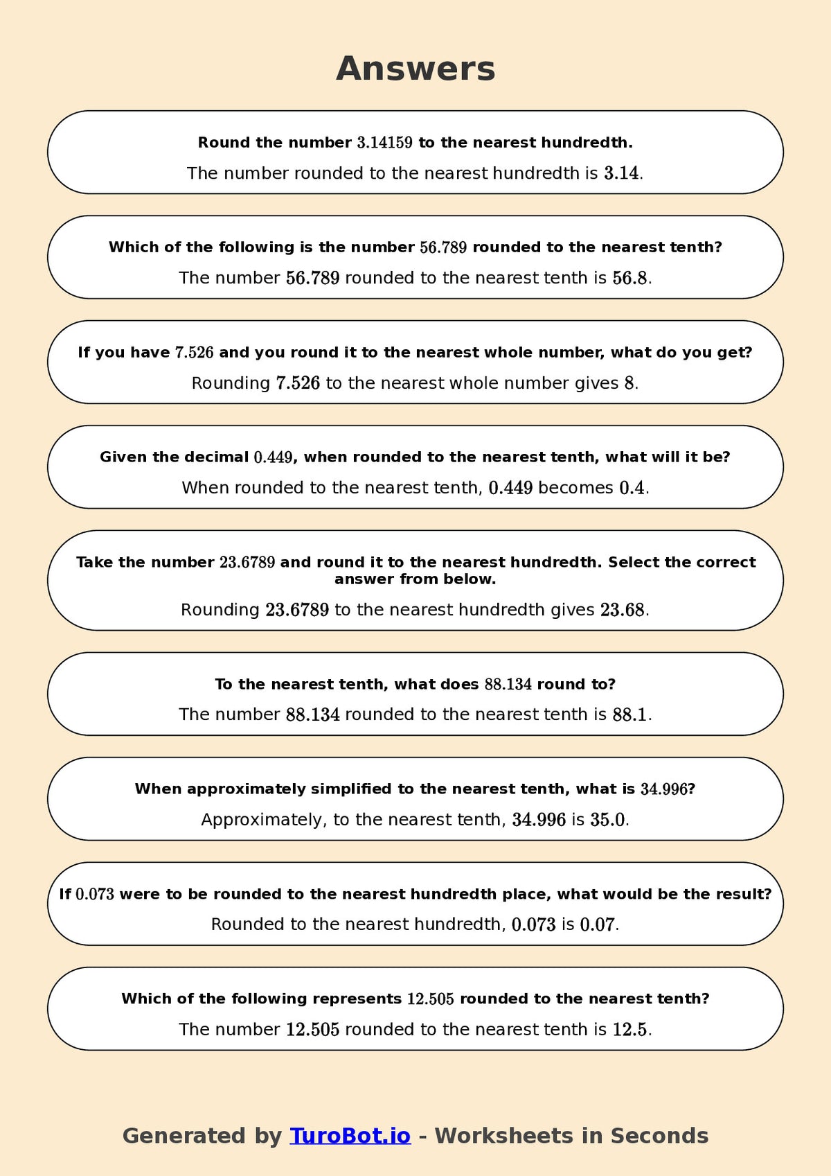 Year 7 Math Worksheet – Rounding Decimals