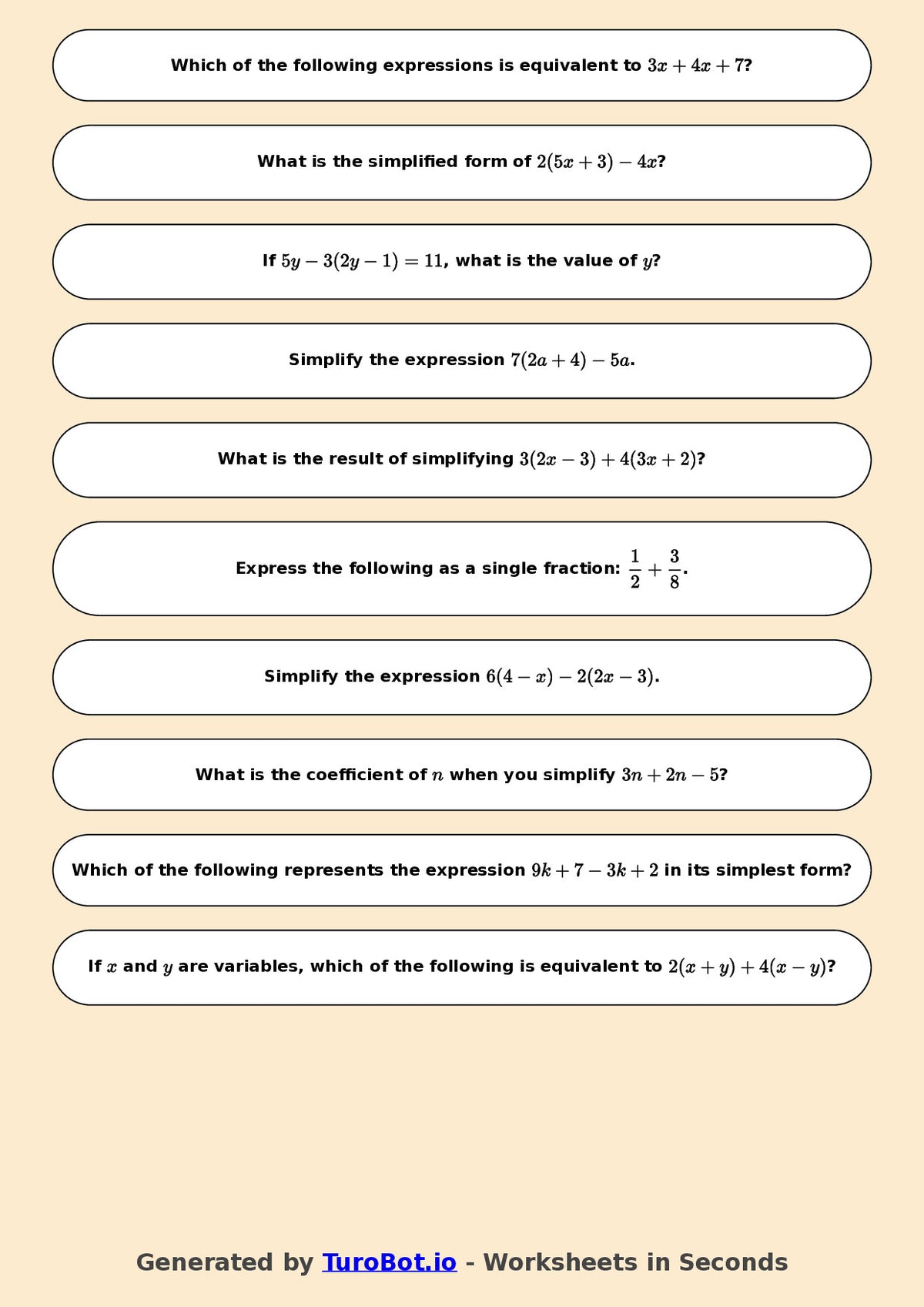 Year 7 Math Worksheet – Simplifying Expressions 2