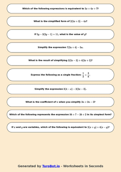 Year 7 Math Worksheet – Simplifying Expressions 2