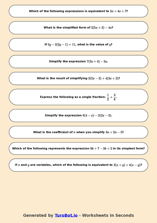 Year 7 Math Worksheet – Simplifying Expressions 2
