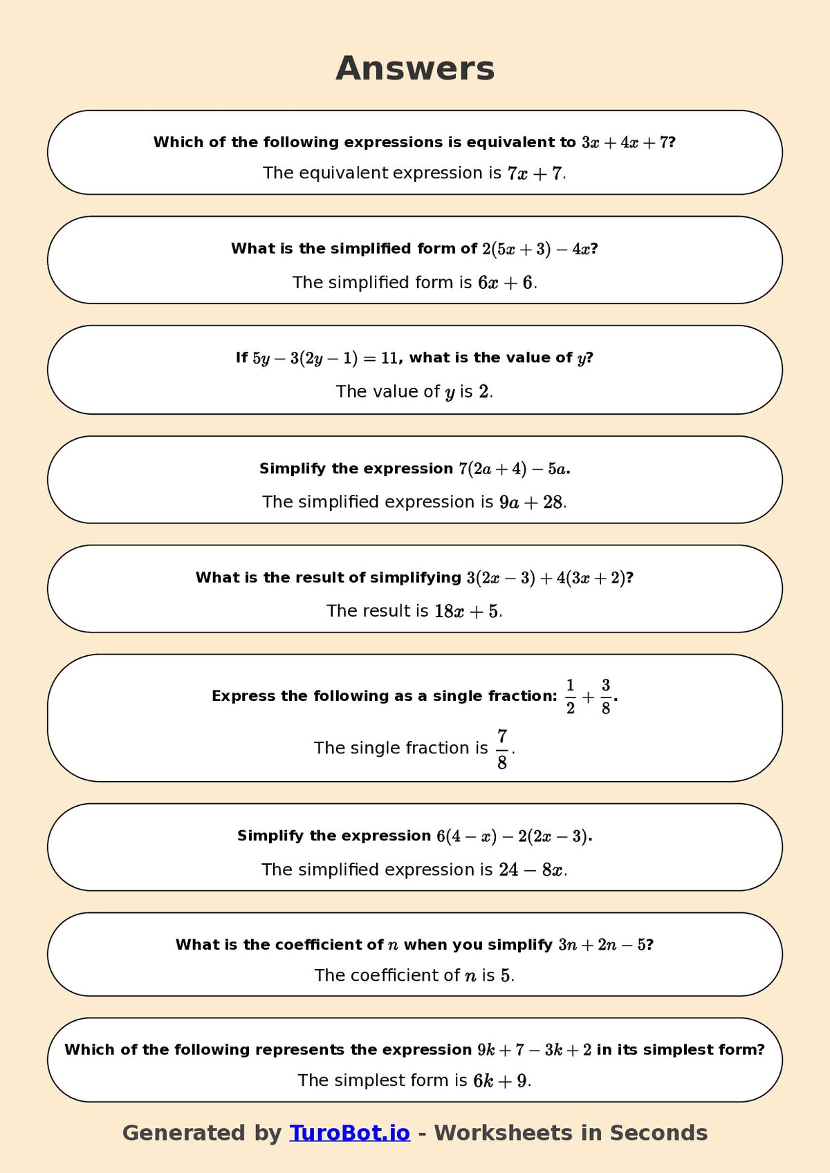 Year 7 Math Worksheet – Simplifying Expressions 2