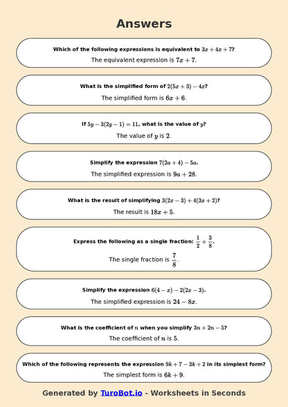 Year 7 Math Worksheet – Simplifying Expressions 2