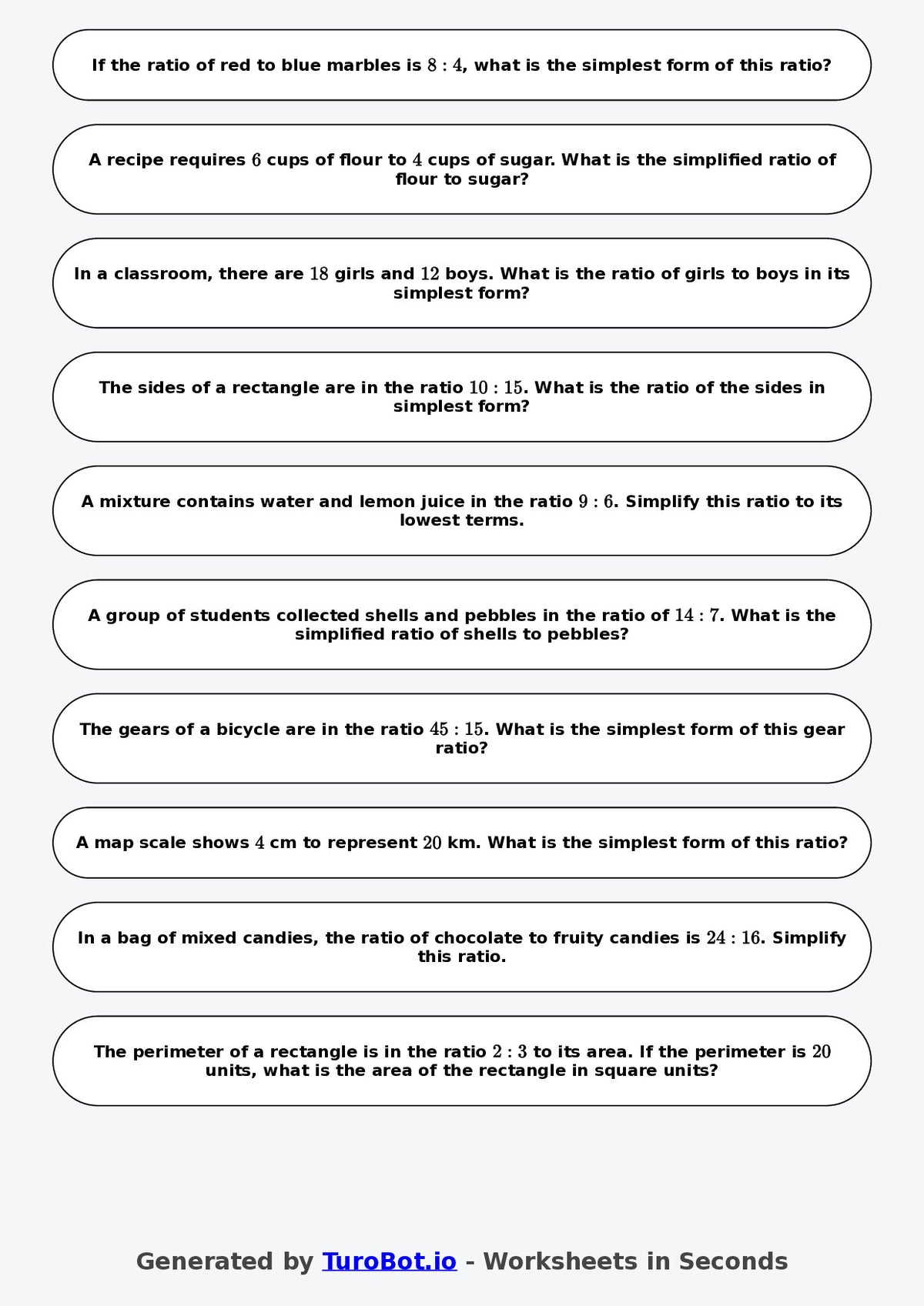 Year 7 Math Worksheet – Simplifying Ratios