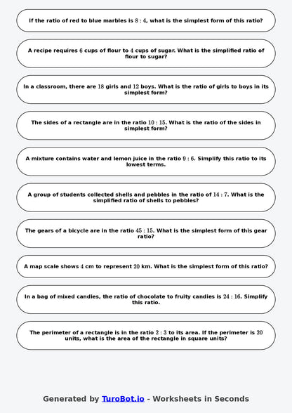 Year 7 Math Worksheet – Simplifying Ratios