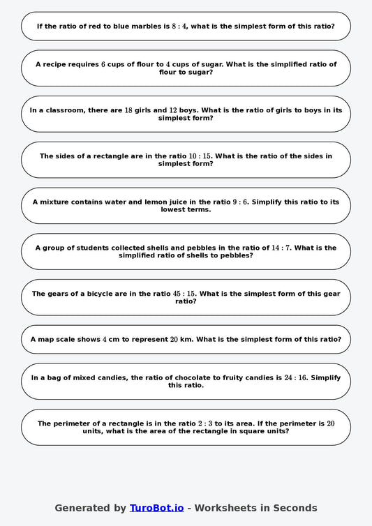 Year 7 Math Worksheet – Simplifying Ratios