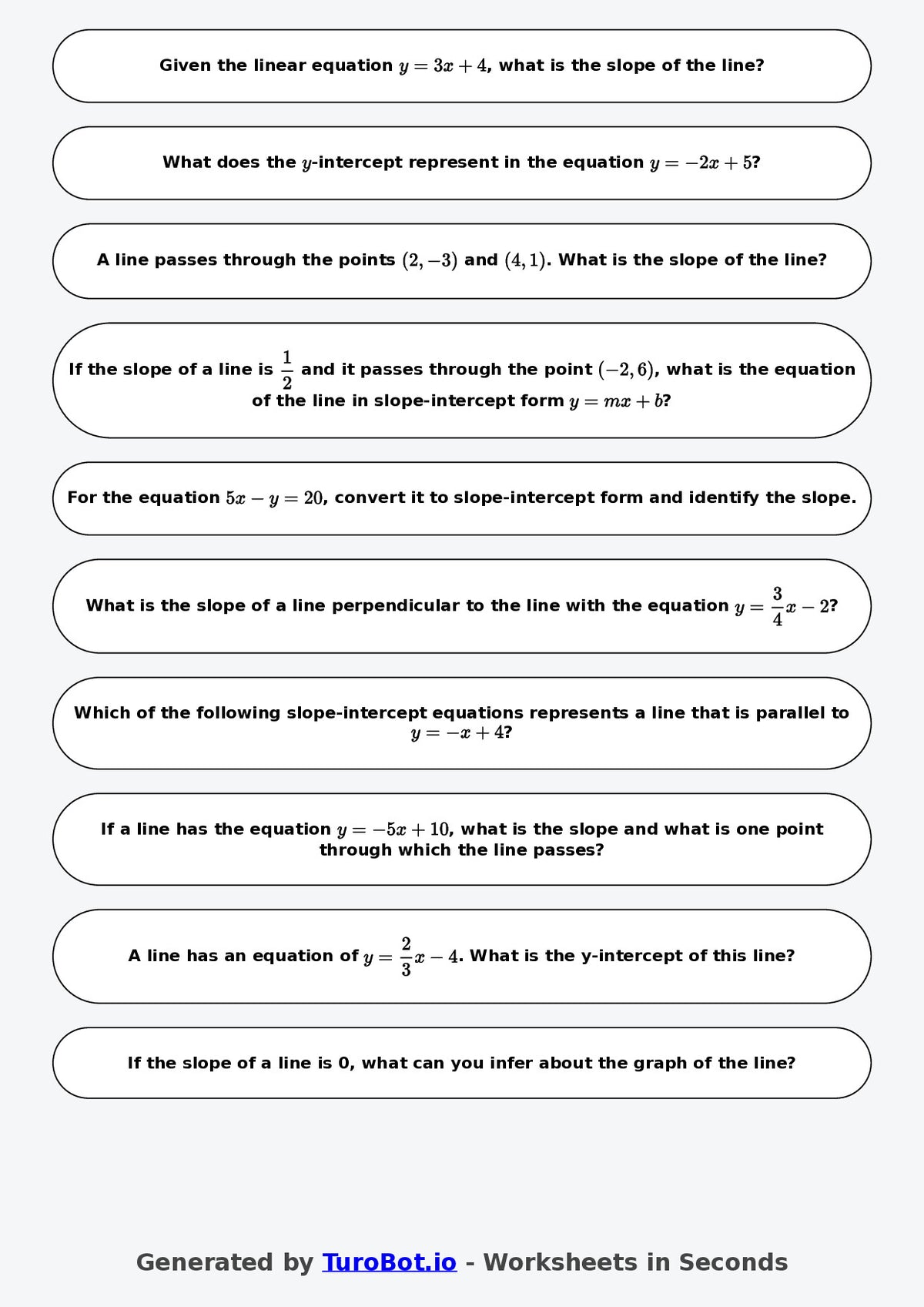 Year 7 Math Worksheet – Slope and Intercept Basics 2