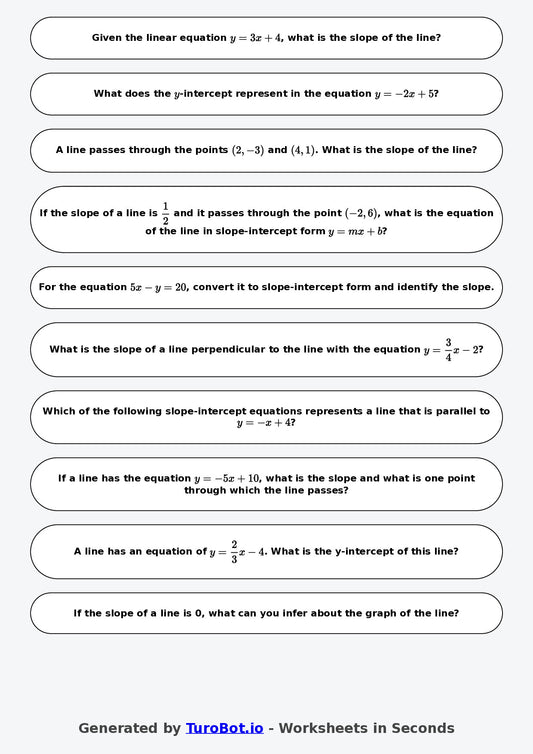 Year 7 Math Worksheet – Slope and Intercept Basics 2