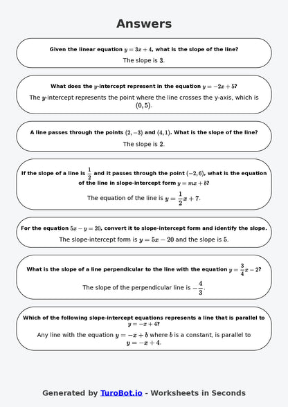 Year 7 Math Worksheet – Slope and Intercept Basics 2