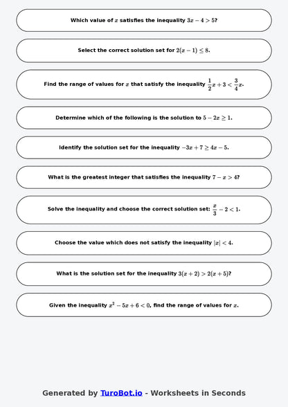 Year 7 Math Worksheet – Solving Simple Inequalities