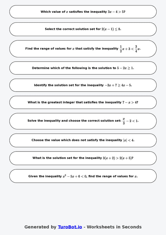 Year 7 Math Worksheet – Solving Simple Inequalities