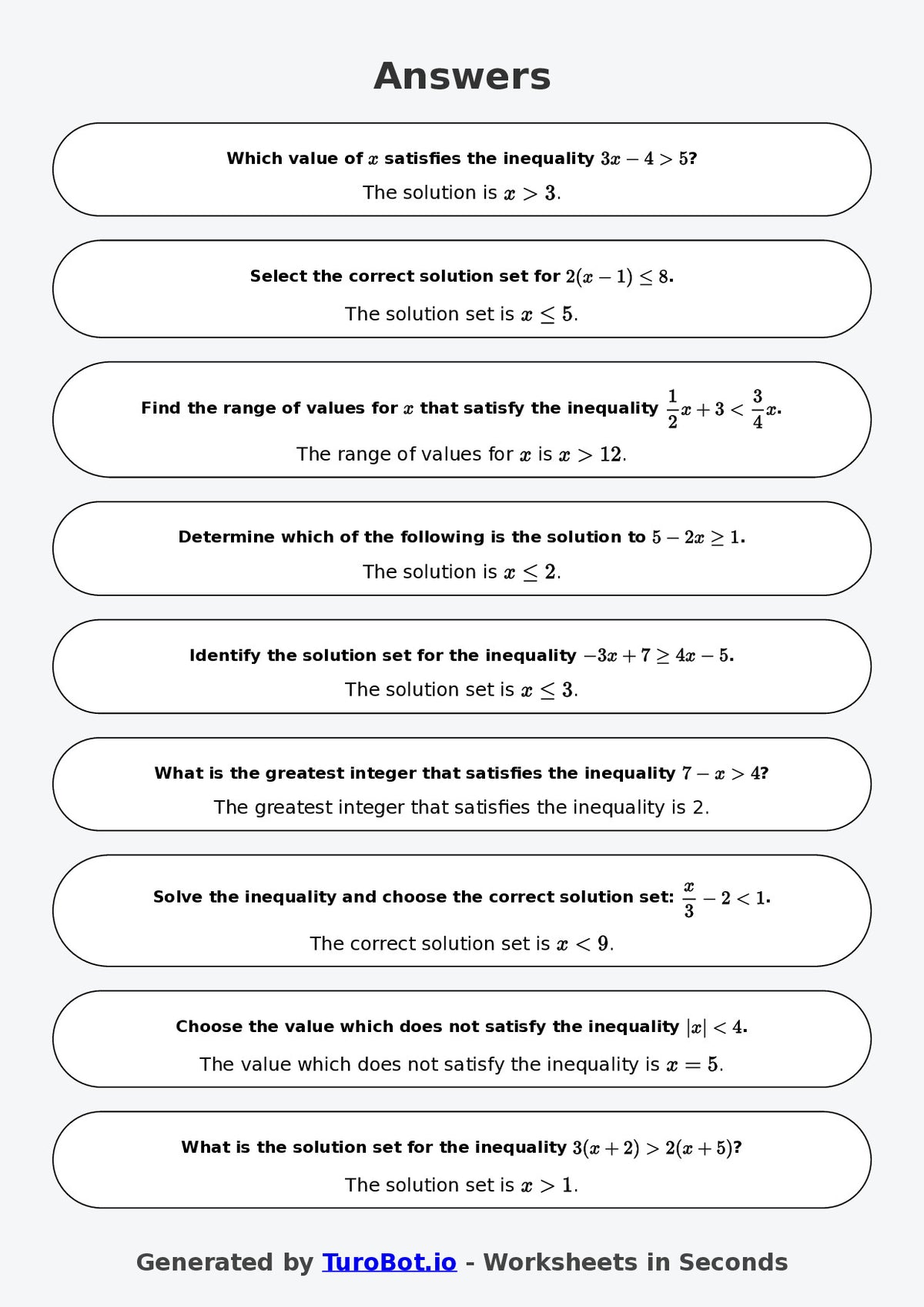 Year 7 Math Worksheet – Solving Simple Inequalities