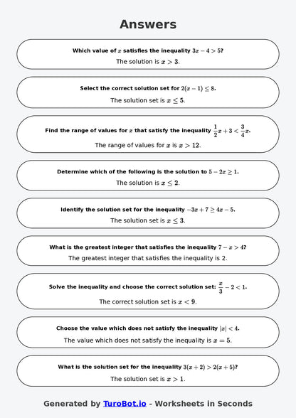 Year 7 Math Worksheet – Solving Simple Inequalities