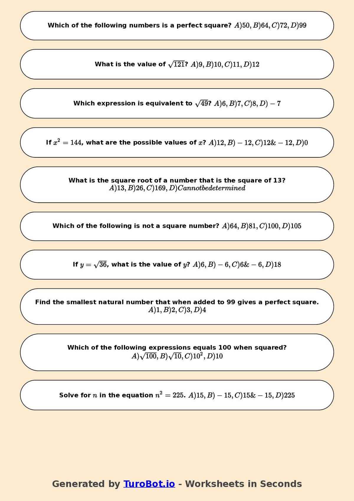 Year 7 Math Worksheet – Square Numbers and Square Roots