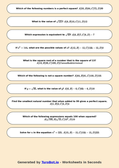 Year 7 Math Worksheet – Square Numbers and Square Roots