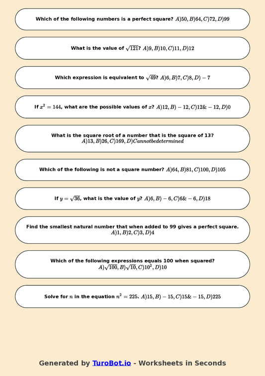 Year 7 Math Worksheet – Square Numbers and Square Roots