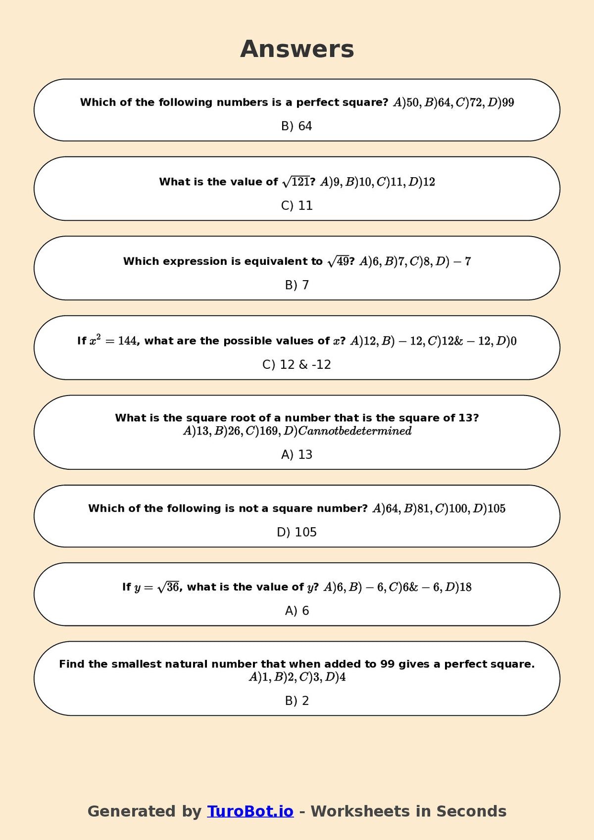Year 7 Math Worksheet – Square Numbers and Square Roots