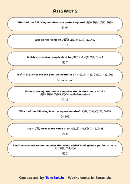 Year 7 Math Worksheet – Square Numbers and Square Roots