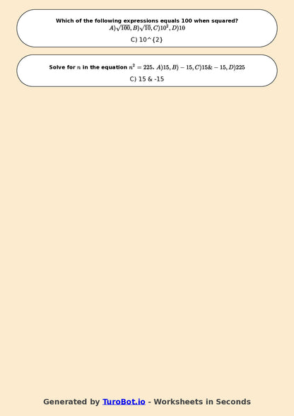 Year 7 Math Worksheet – Square Numbers and Square Roots