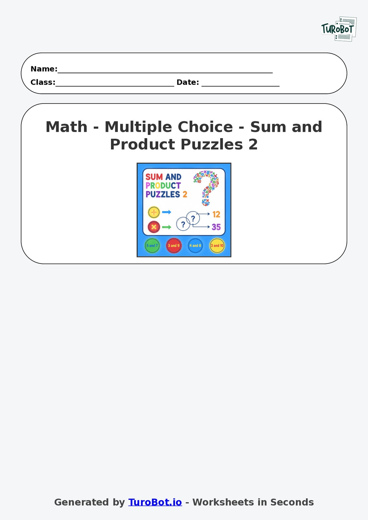 Year 7 Math Worksheet – Sum and Product Puzzles 2