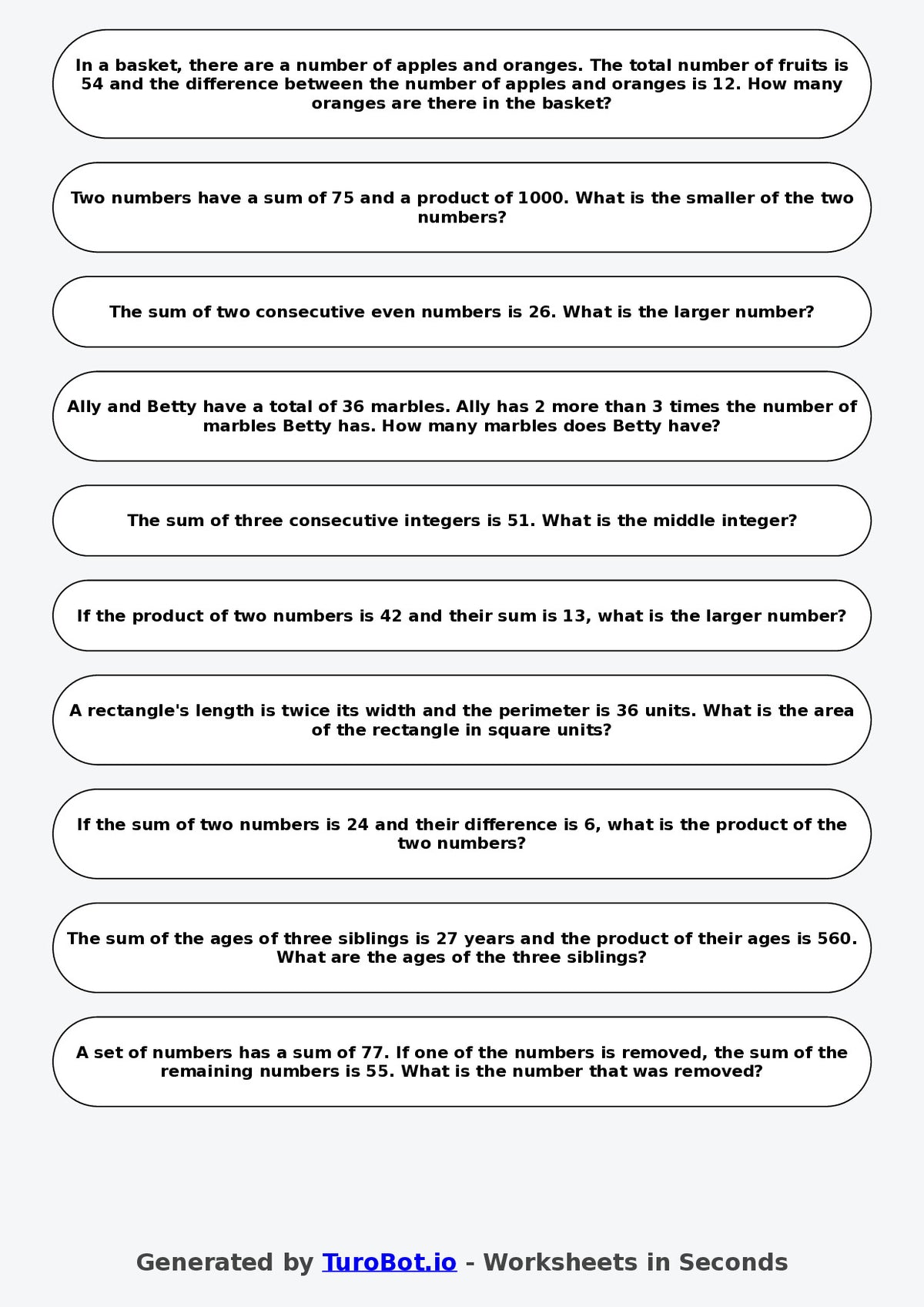 Year 7 Math Worksheet – Sum and Product Puzzles 2