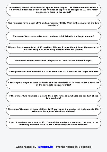 Year 7 Math Worksheet – Sum and Product Puzzles 2