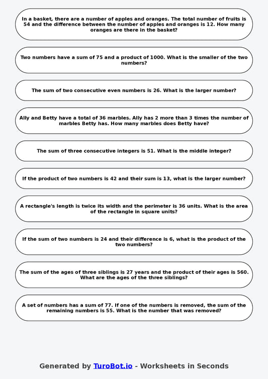 Year 7 Math Worksheet – Sum and Product Puzzles 2