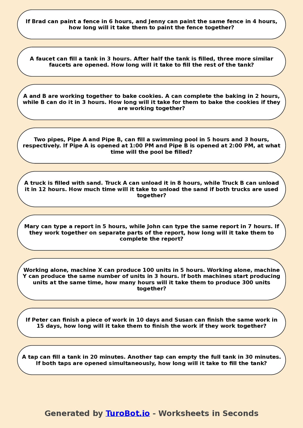 Year 7 Math Worksheet – Time and Work Rate Problems