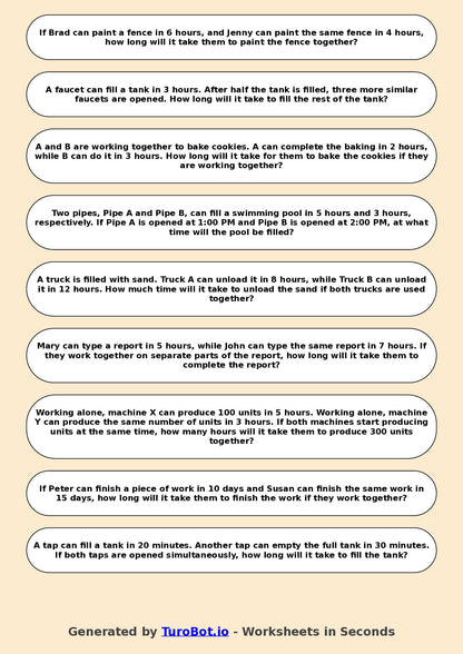 Year 7 Math Worksheet – Time and Work Rate Problems