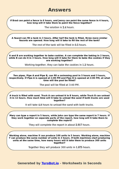 Year 7 Math Worksheet – Time and Work Rate Problems