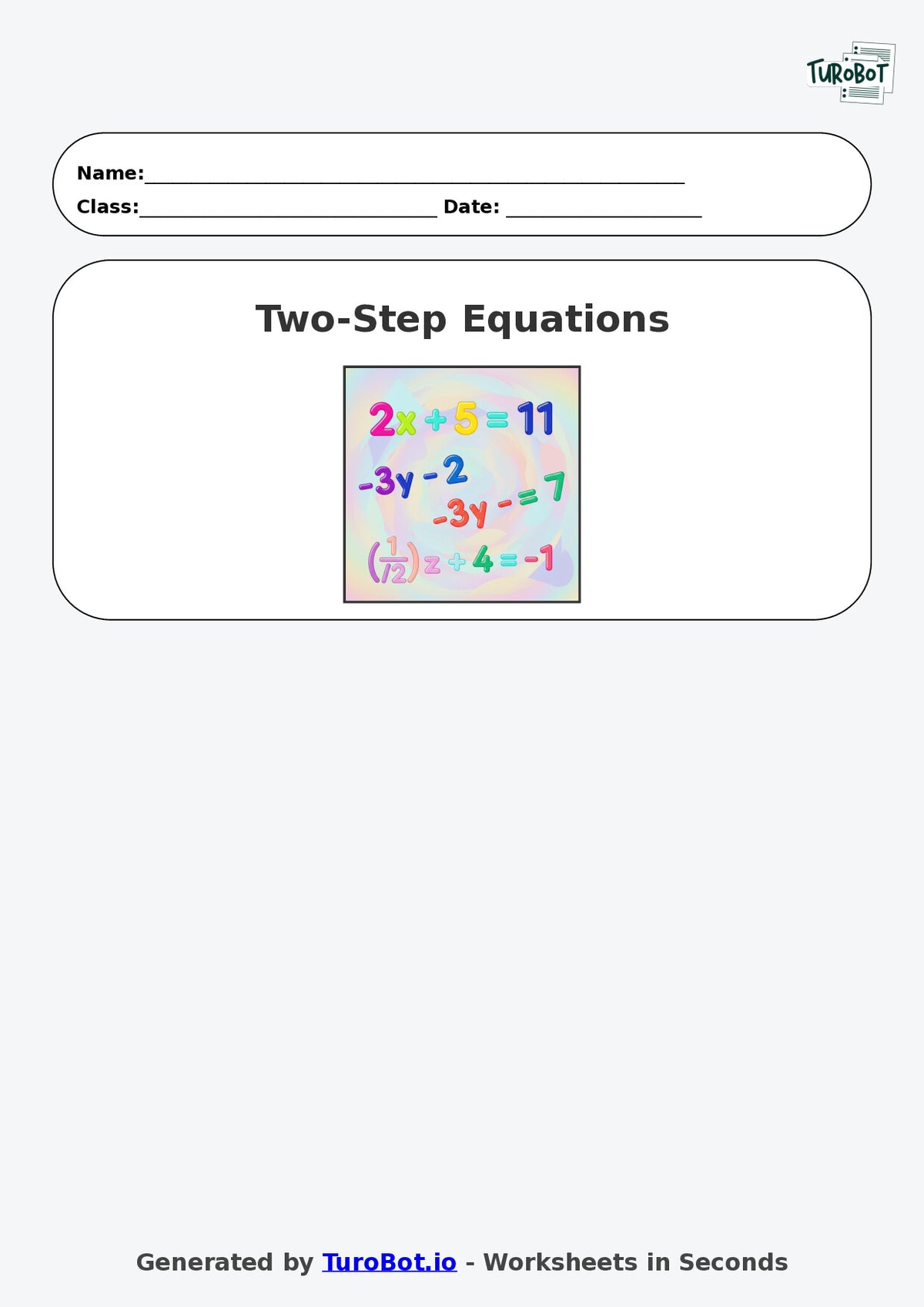 Year 7 Math Worksheet – Two-Step Equations 2