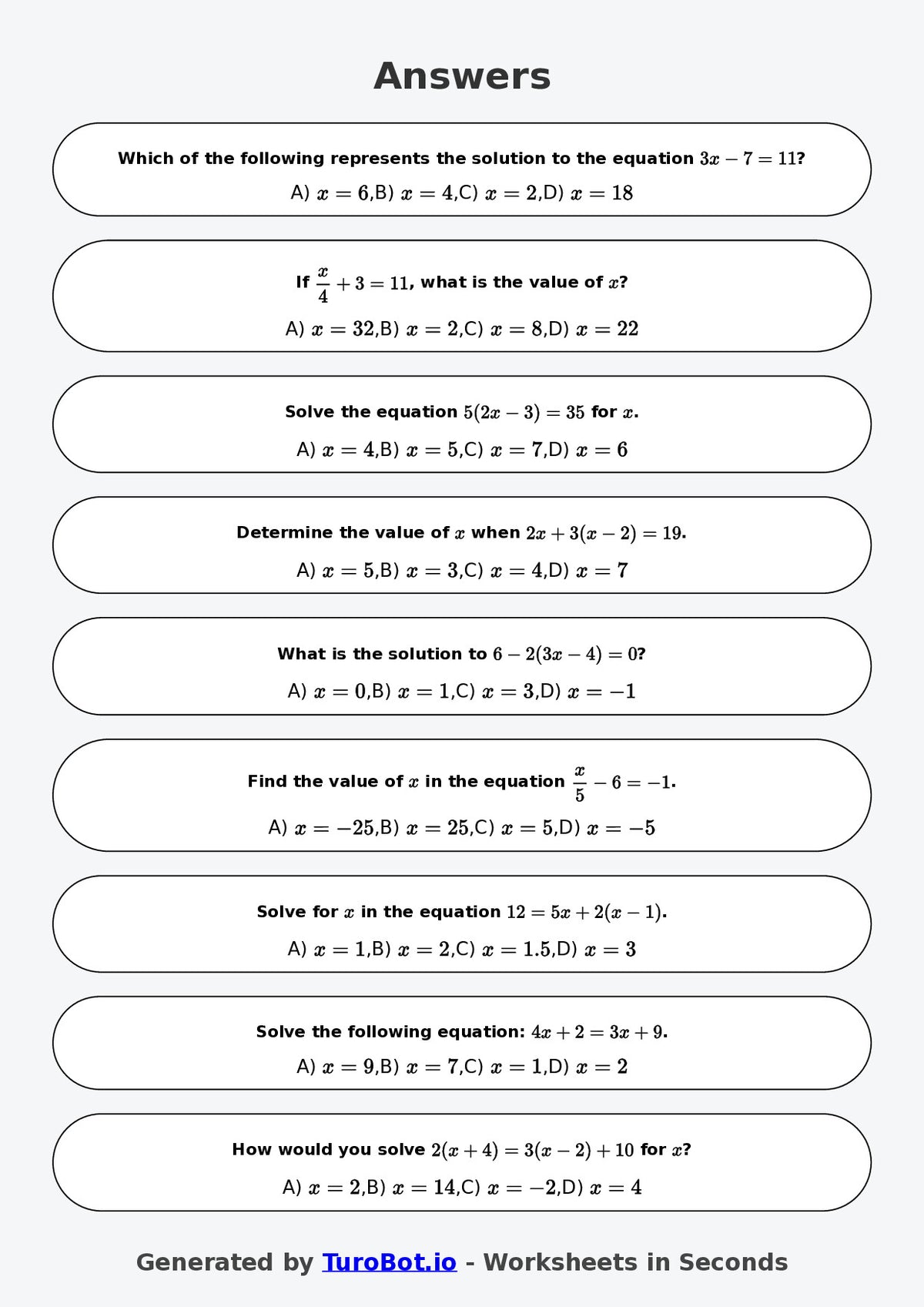 Year 7 Math Worksheet – Two-Step Equations 2