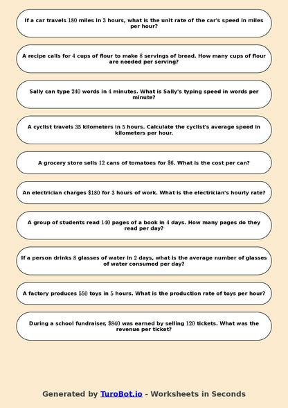 Year 7 Math Worksheet – Unit Rates Basics