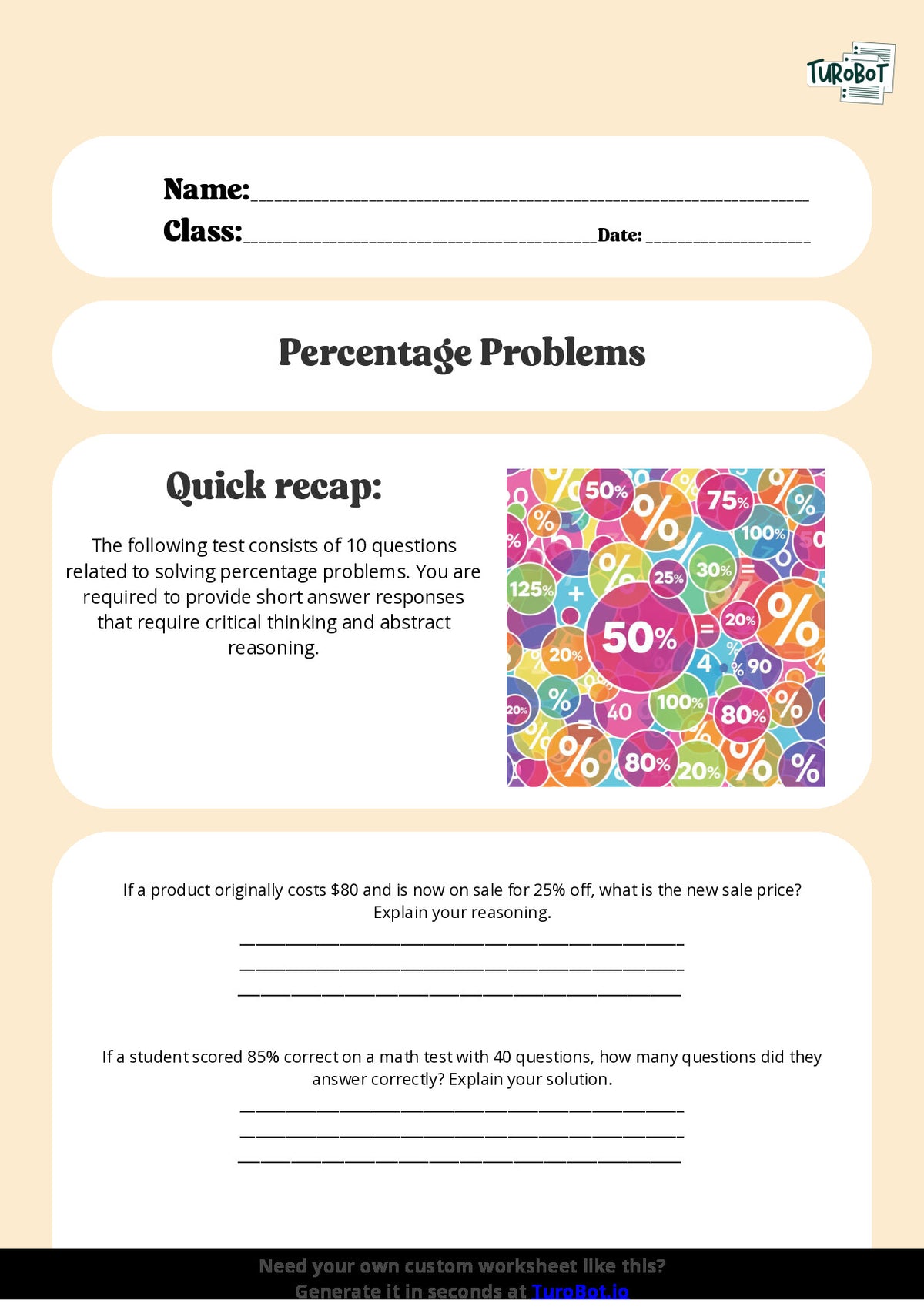 Free Worksheet - Year 7 Math Solving Percentage Problems Short Answer Response