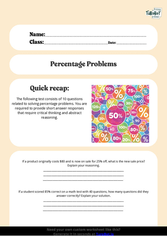 Free Worksheet - Year 7 Math Solving Percentage Problems Short Answer Response