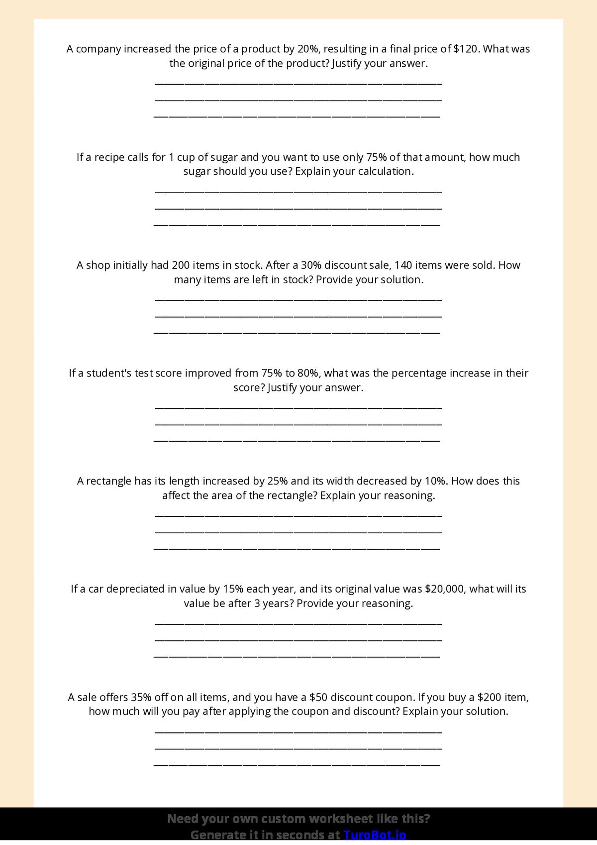 Free Worksheet - Year 7 Math Solving Percentage Problems Short Answer Response
