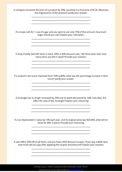 Free Worksheet - Year 7 Math Solving Percentage Problems Short Answer Response