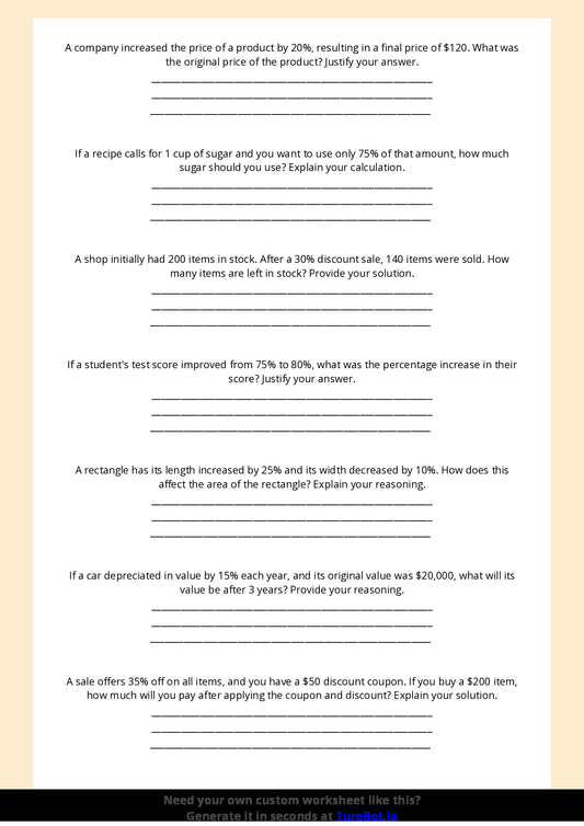 Free Worksheet - Year 7 Math Solving Percentage Problems Short Answer Response