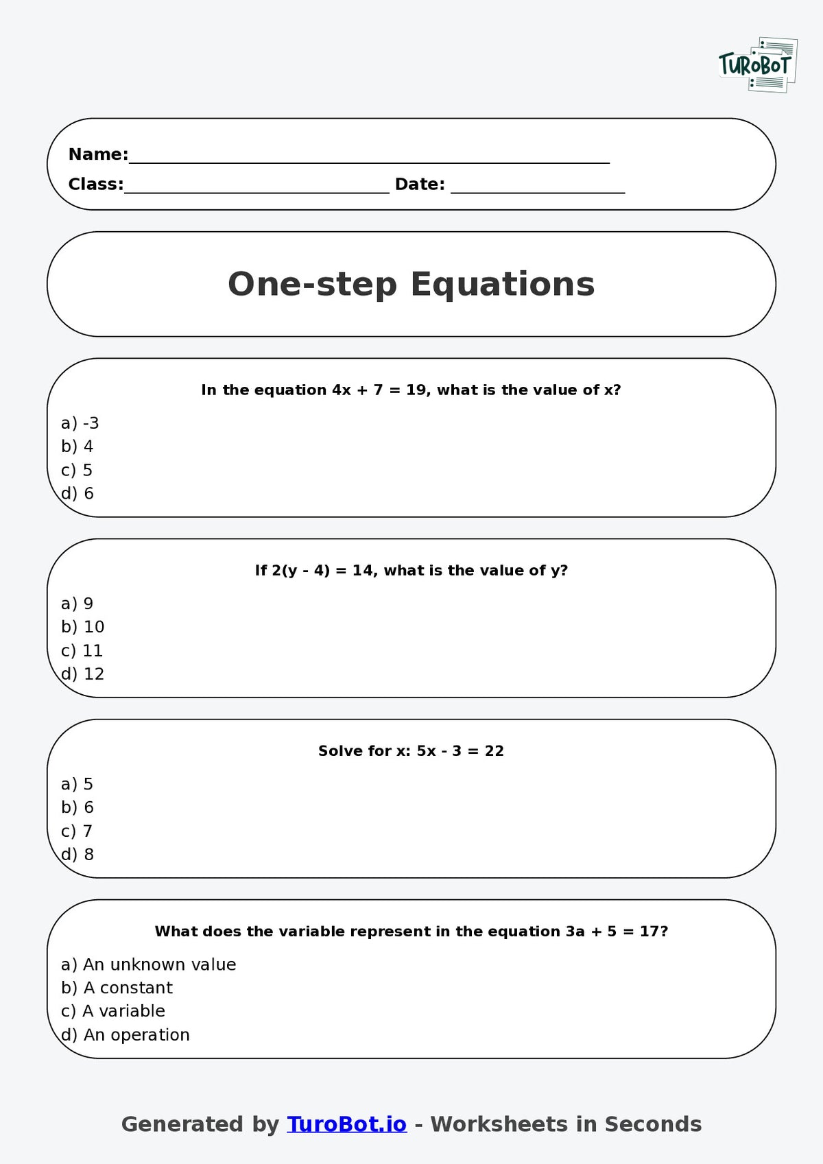 Math - Year 8 - Algebra One Step Equations