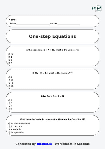 Math - Year 8 - Algebra One Step Equations