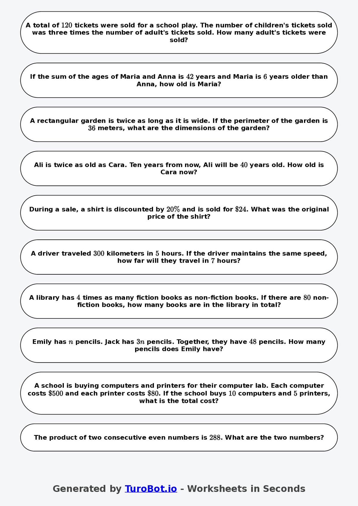 Year 8 Math Worksheet – Algebraic Word Problems 2