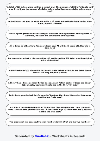 Year 8 Math Worksheet – Algebraic Word Problems 2