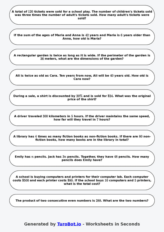 Year 8 Math Worksheet – Algebraic Word Problems 2