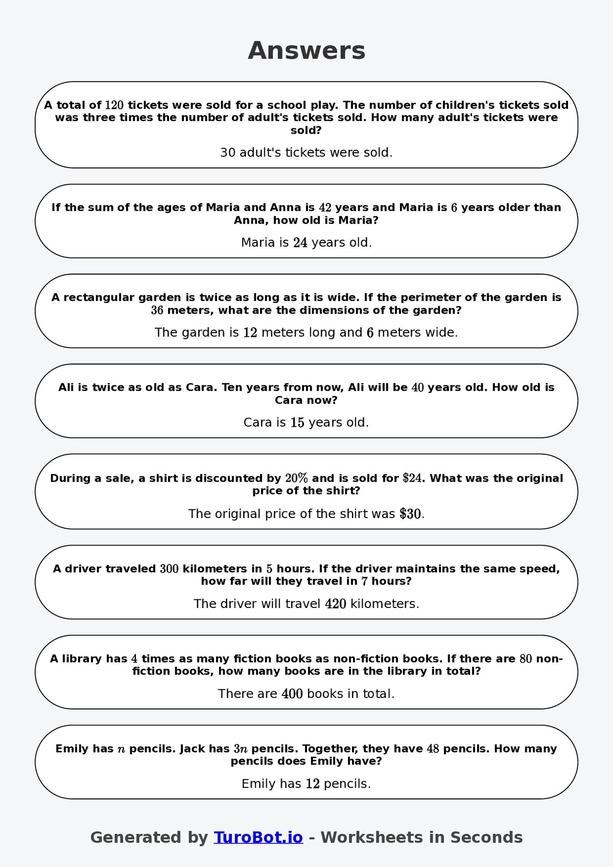 Year 8 Math Worksheet – Algebraic Word Problems 2