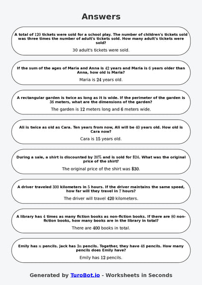 Year 8 Math Worksheet – Algebraic Word Problems 2